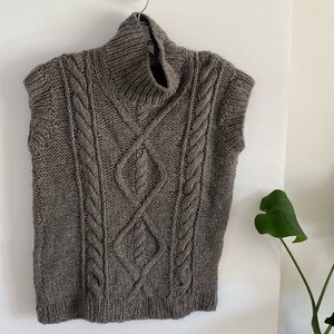 Handmade, hand knit Gray Cable Knit Turtleneck Sleeveless Sweater